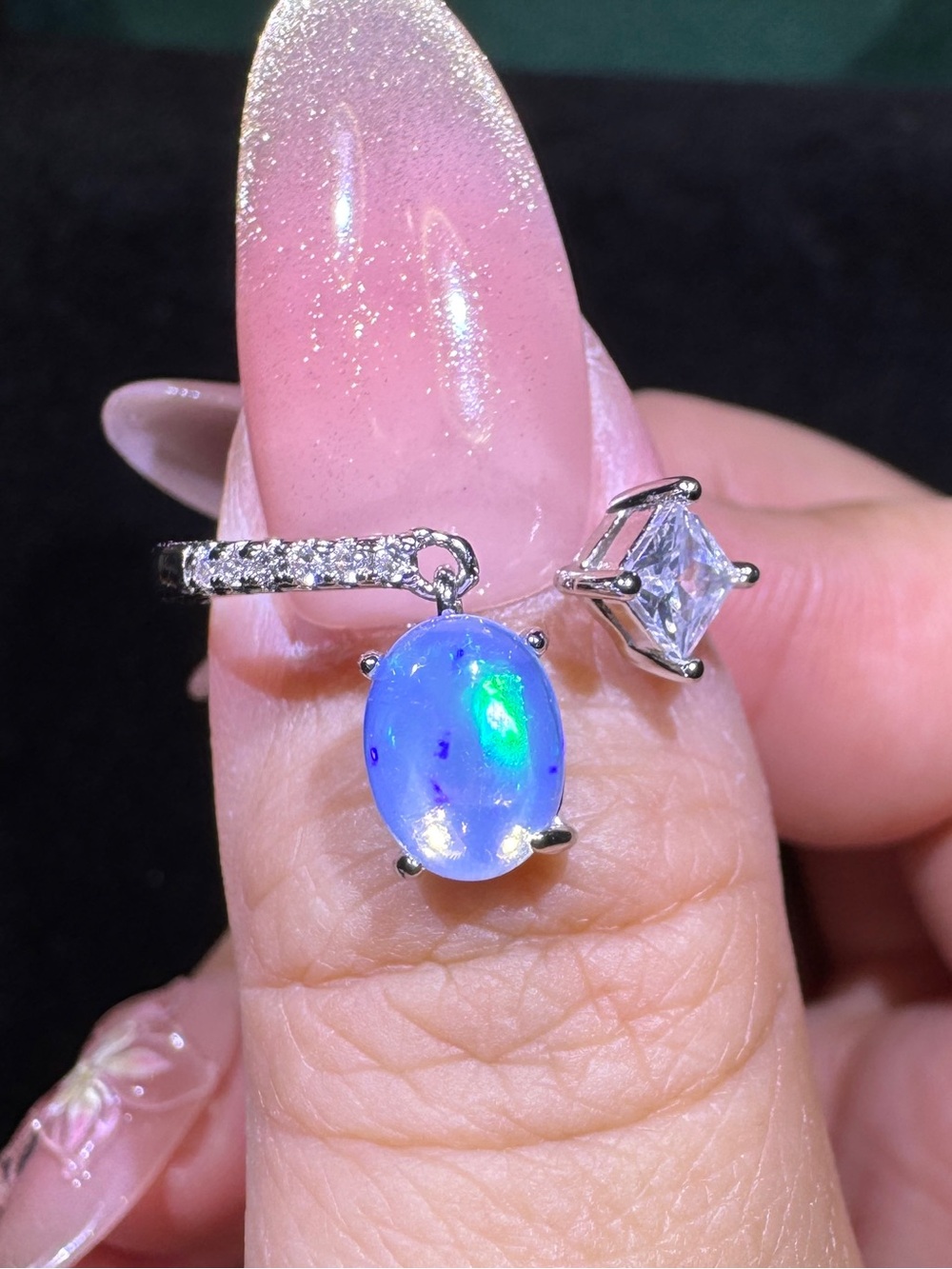 Adjustable Opal & Princess Cut CZ Open Ring Size 6-8